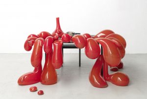 <i>volcano table</i>, 2014 
</br>
blown glass, ferrari red pigment, limestone tiles, powder coated metal
</br>
220 x 160 x 105 cm / 86.6 x 63 x 41.3 in
</br>
installation view, the hepworth wakefield, wakefield
