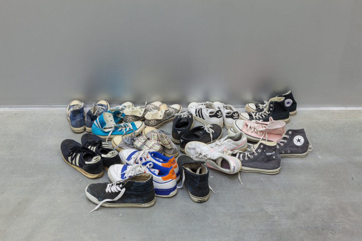 <i>skin</i>, 2012
</br>
used shoes, variable dimensions
</br>
installation view, swiss institute, new york>