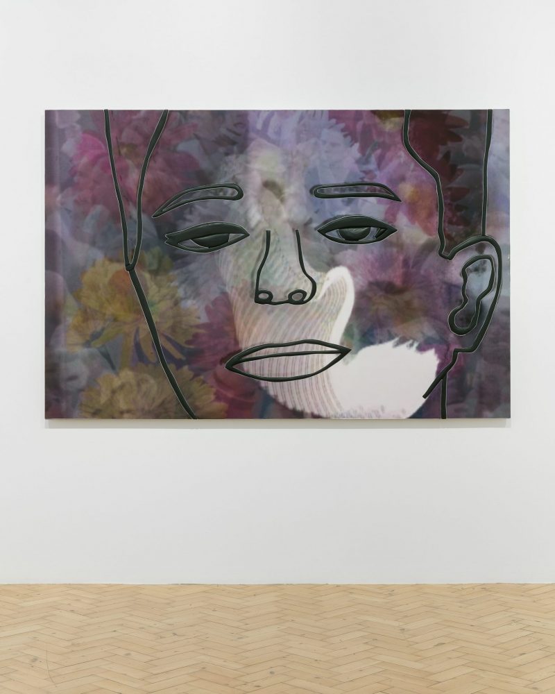 <i>swan</i>, 2018 </br>  
wood, aqua resin, acrylic paint, casein, and digital image, </br>
139,7 x 210,8 x 3,8 cm / 
55 x 83 x 1.5 in
</br>
installation view, camden arts centre, london>