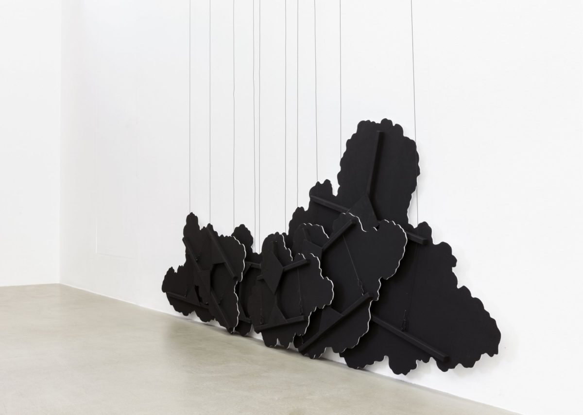 <i>untitled (black clouds)</i>, 2015
</br>
wood, fabric, fireproof acrylic paint, steel wire
</br>
clouds: 104 x 267 x 14 cm / 40.9 x 105.1 x 5.5 in (variable height)>