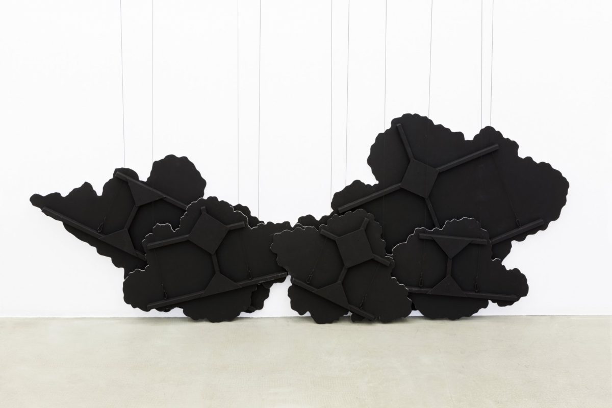 <i>untitled (black clouds)</i>, 2015
</br>
wood, fabric, fireproof acrylic paint, steel wire
</br>
clouds: 101 x 268 x 14 cm / 39.7 x 105.5 x 5.5 in (variable height)>