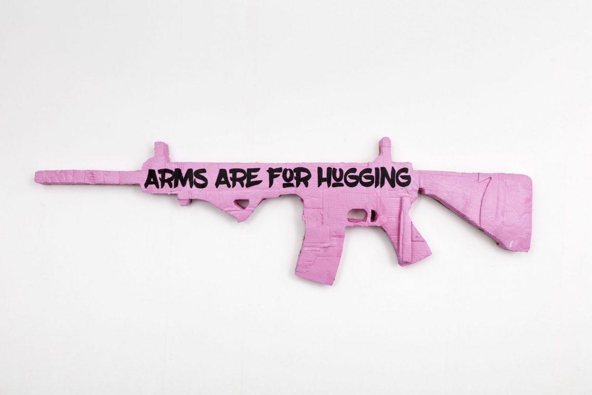 <i>arms are for hugging rifle (ode to codepink)</i>, 2016
</br> 
cardboard, acrylic and canvas, 44,4 x 149,9 x 6,3 cm / 17.5 x 59 x 2.5 in>