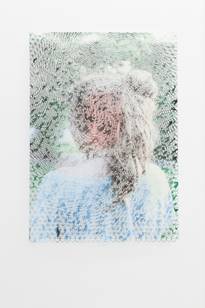 <I>laura, the throbbing pink spot, and the mysterious yellow light</I>, 2012
</br>
cut-out photograph, spray paint, nails
</br>
90 × 60 cm / 35.4 x 23.6 in>