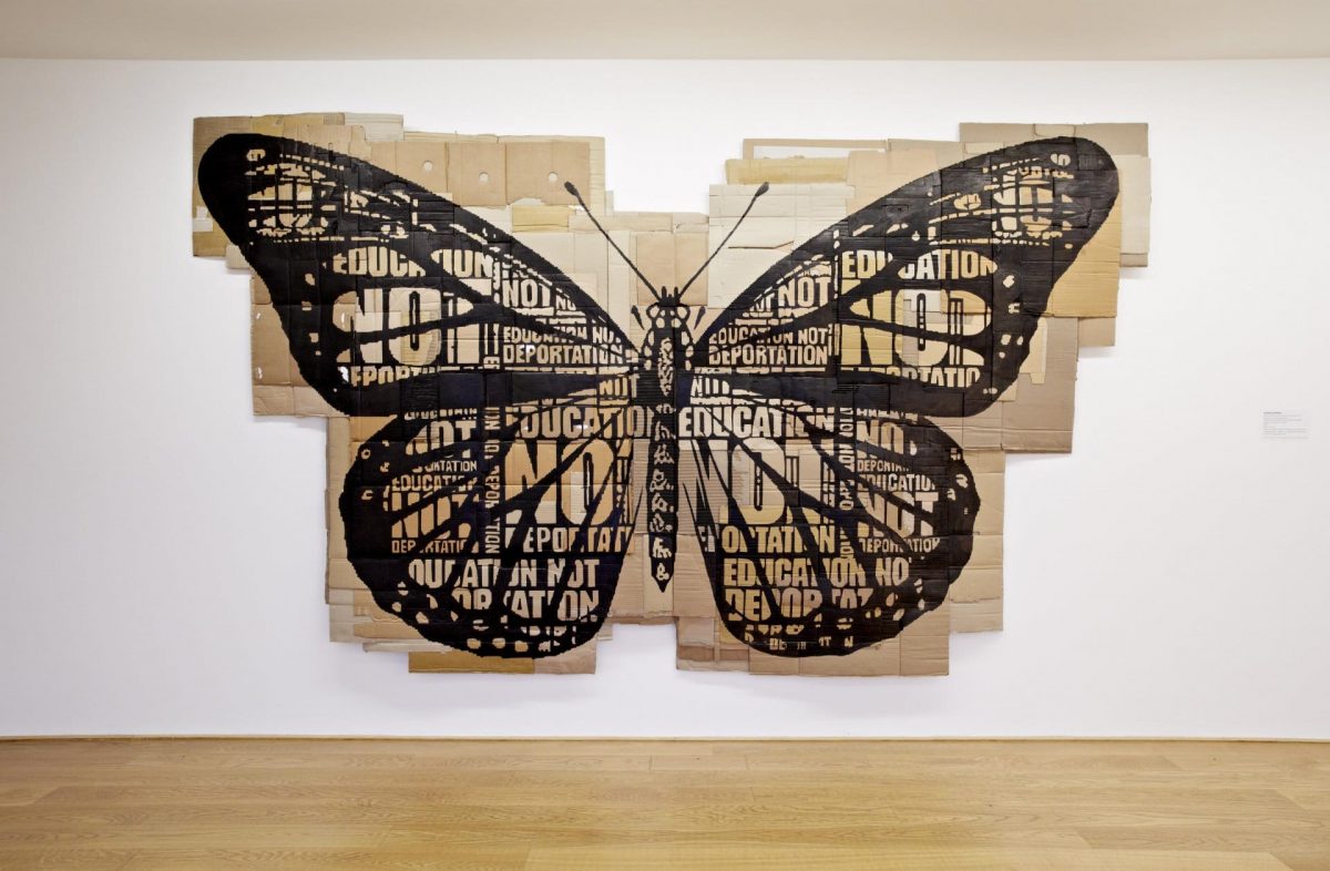 <i>education not deportation</i>, 2014
</br> 
marker on found cardboard, 204 x 352 cm / 80.3 x 138.6 in, graphic design collaboration with gabrielle parmentier, studio graphique louis vuitton, </br> 
with the support of the espace culturel louis vuitton>