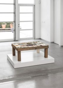 <i>tile table</i>, c. 1990
</br>
stoneware, wood, 20,3 x 109,2 x 81,3 cm / 18 x 43 x 32 in 
</br>
installation view, David Kordansky Gallery, Los Angeles 