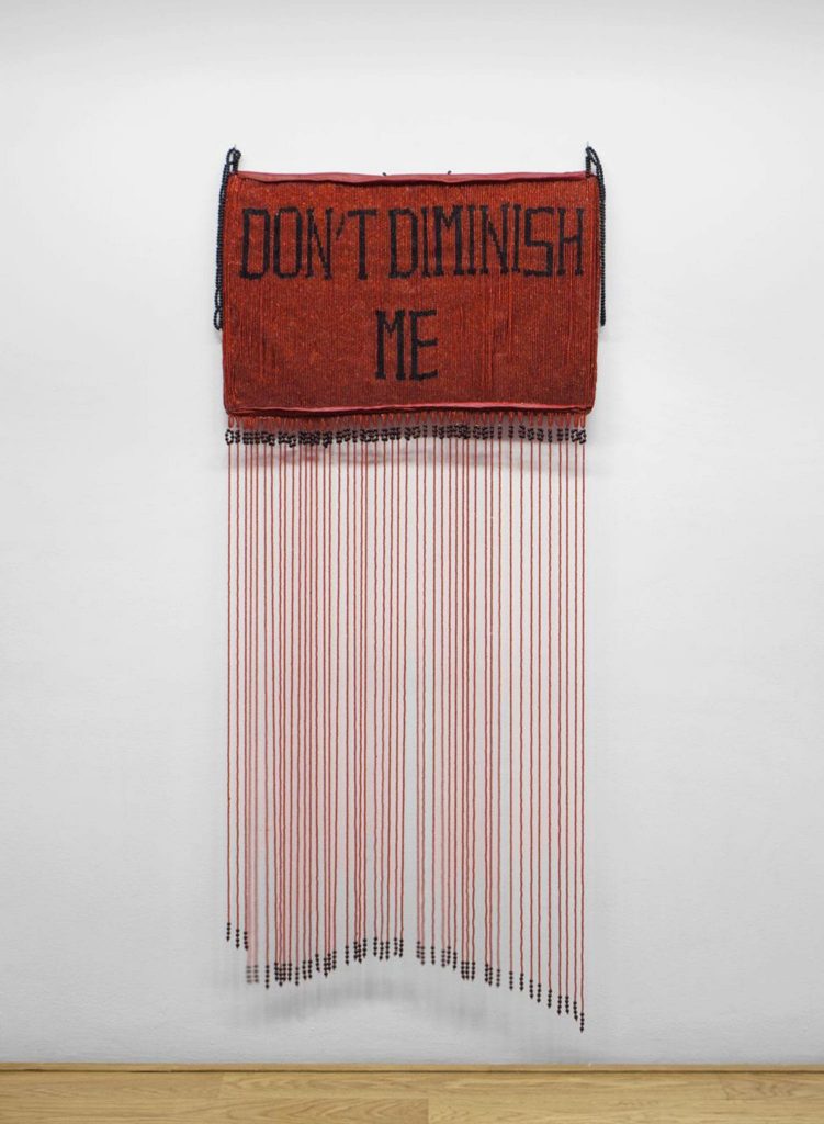 <i>don’t diminish me</i>, 2014
</br>
beads and mixed media, 184 x 81 cm / 72.4 x 31.9 in
</br>
</br> 
installation view, espace culturel louis vuitton, paris>