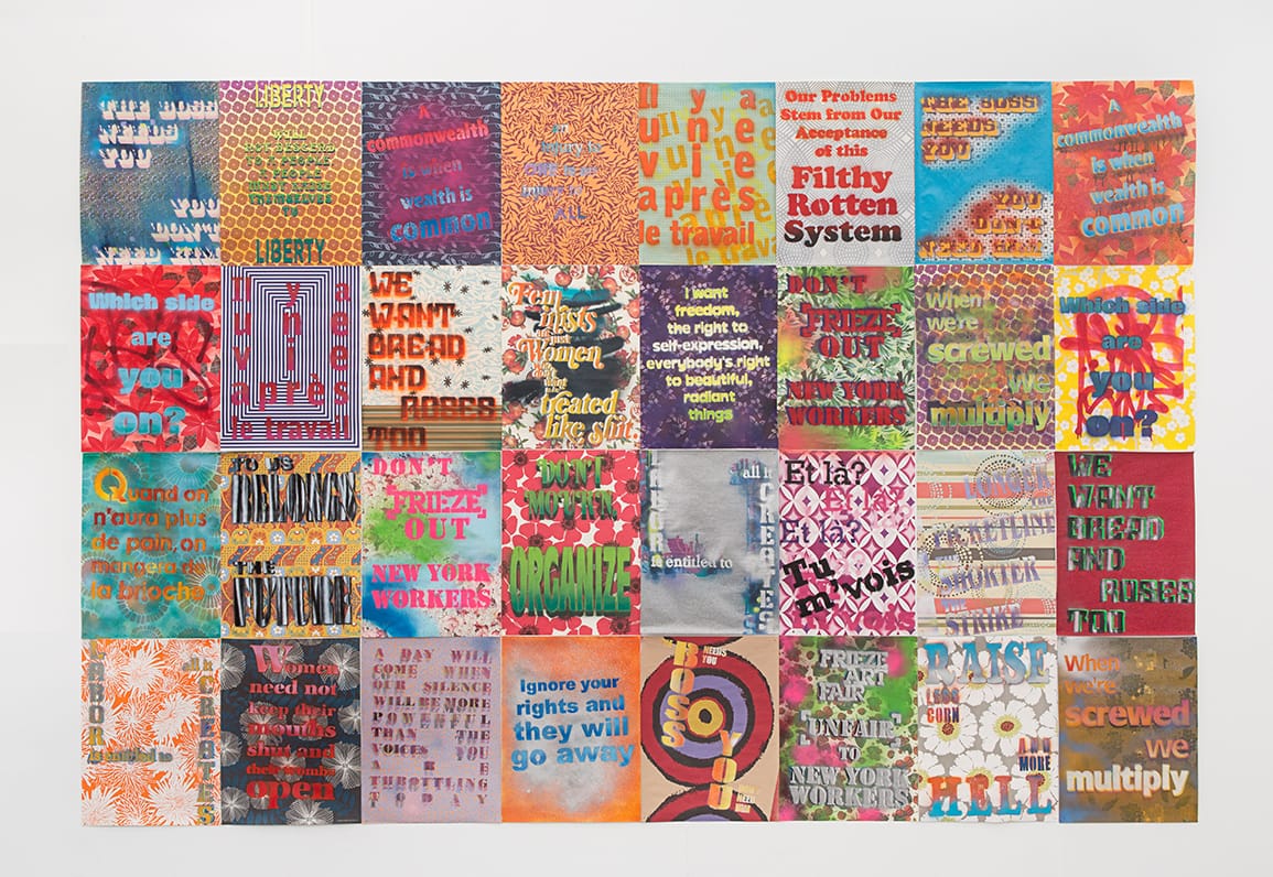 <i>workers' right poster</i>, 2013
</br>
spray paint on gift wrapping paper, 244 × 356,6 cm / 96.1 x 140.4 in >