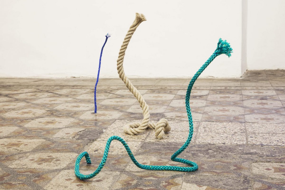 <i>untitled</i>, 2013 
</br>
painting on tiled, wood structure, ropes, variable dimensions
</br>
installation view, fondazione morra greco, naples

>