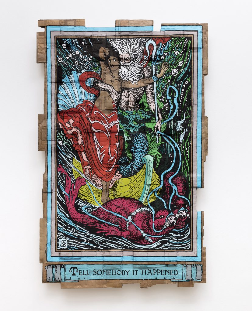 <i>tell somebody it happened, the god of
the sea is a sexual harasser (originally from “the faerie
queene”,</br>book iii, part vii, illustrated by walter crane,
1895 - 1897)</i>, 2018</br>acrylic marker on cardboard</br>187.96h x 121,92 x 13,97 cm / 74 x 48 x 5.5 in