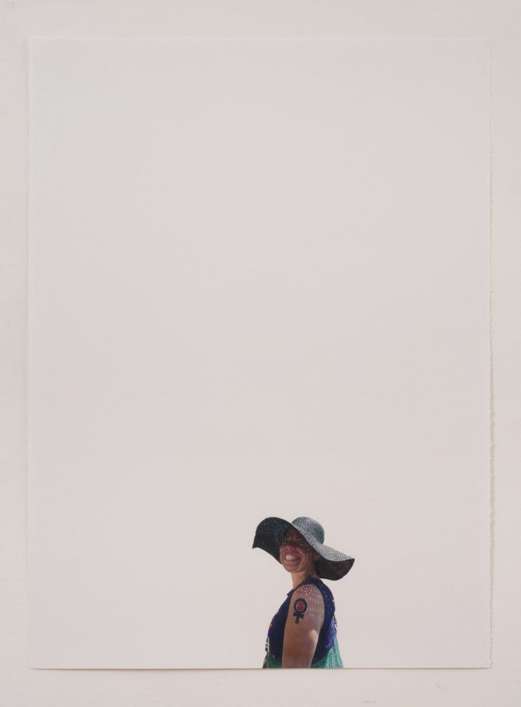 <i>woman with straw hat and feminist fist tattoo </br>
(may day march, los angeles, 2011)</i>, 2011
</br>
colored pencil on paper, 76,2 x 56,5 cm / 30 x 22.2 in>