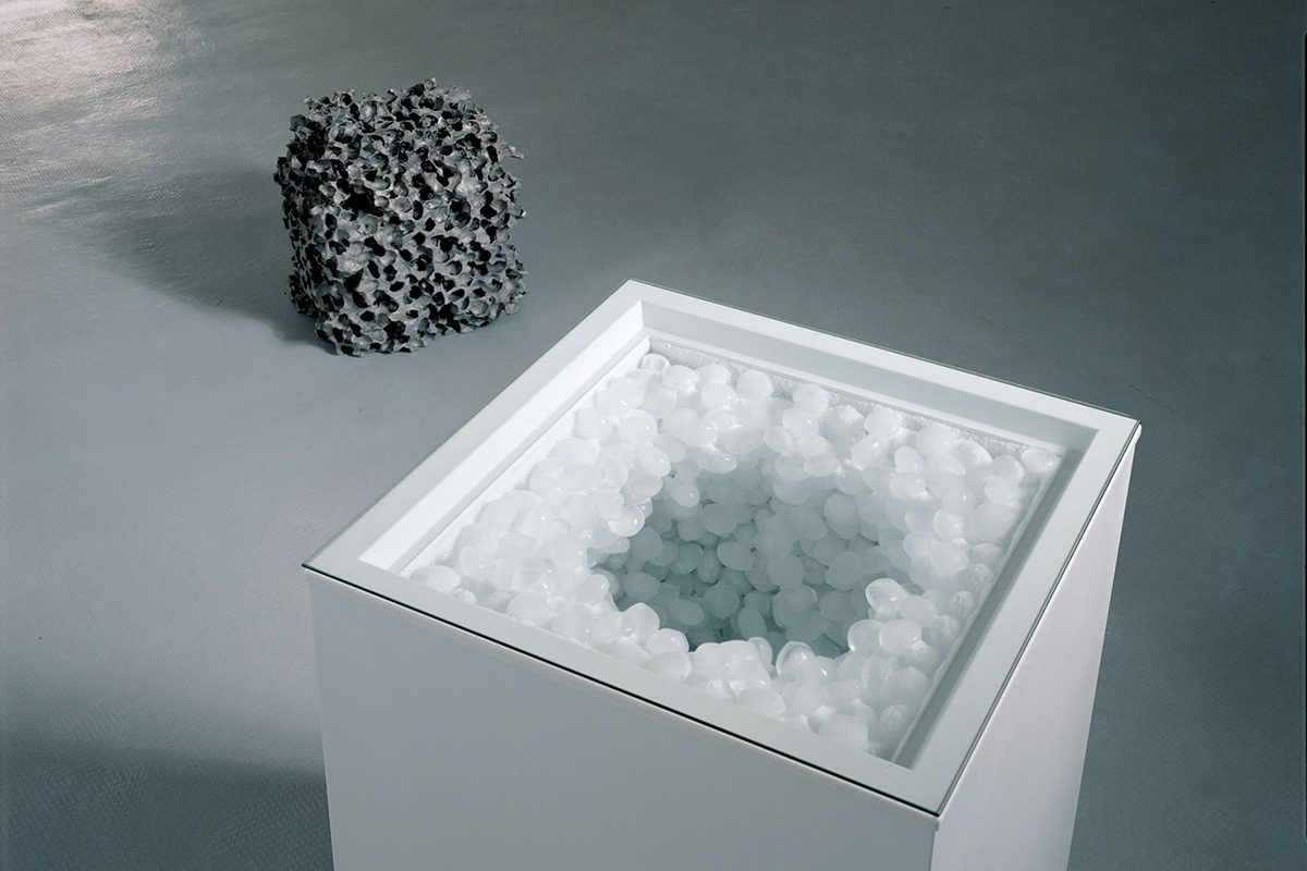 <i>my brain and thought</i>, 2003-04
</br>
freezer, plexiglass, ice, 
60 x 60 x 100 cm / 23.6 x 23.6 x 39.3 in >