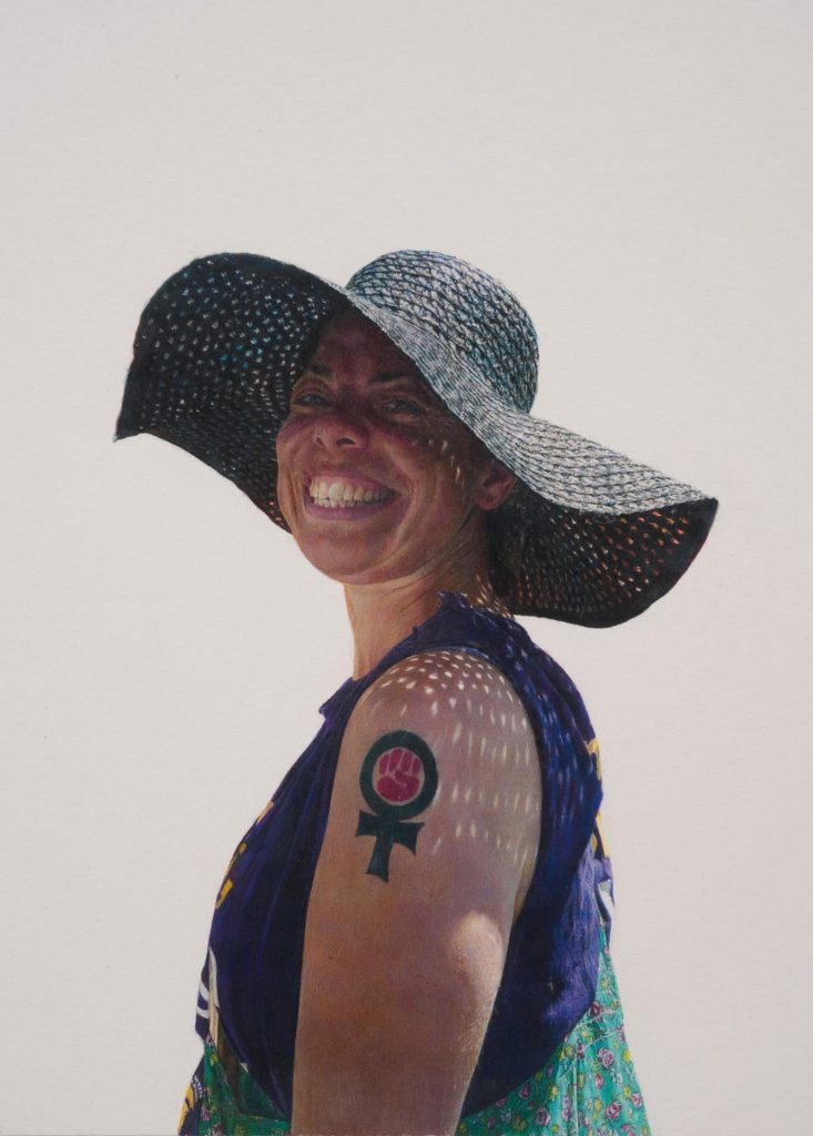 <i>woman with straw hat and feminist fist tattoo </br>
(may day march, los angeles, 2011)</i>, 2011
</br>
(detail)>