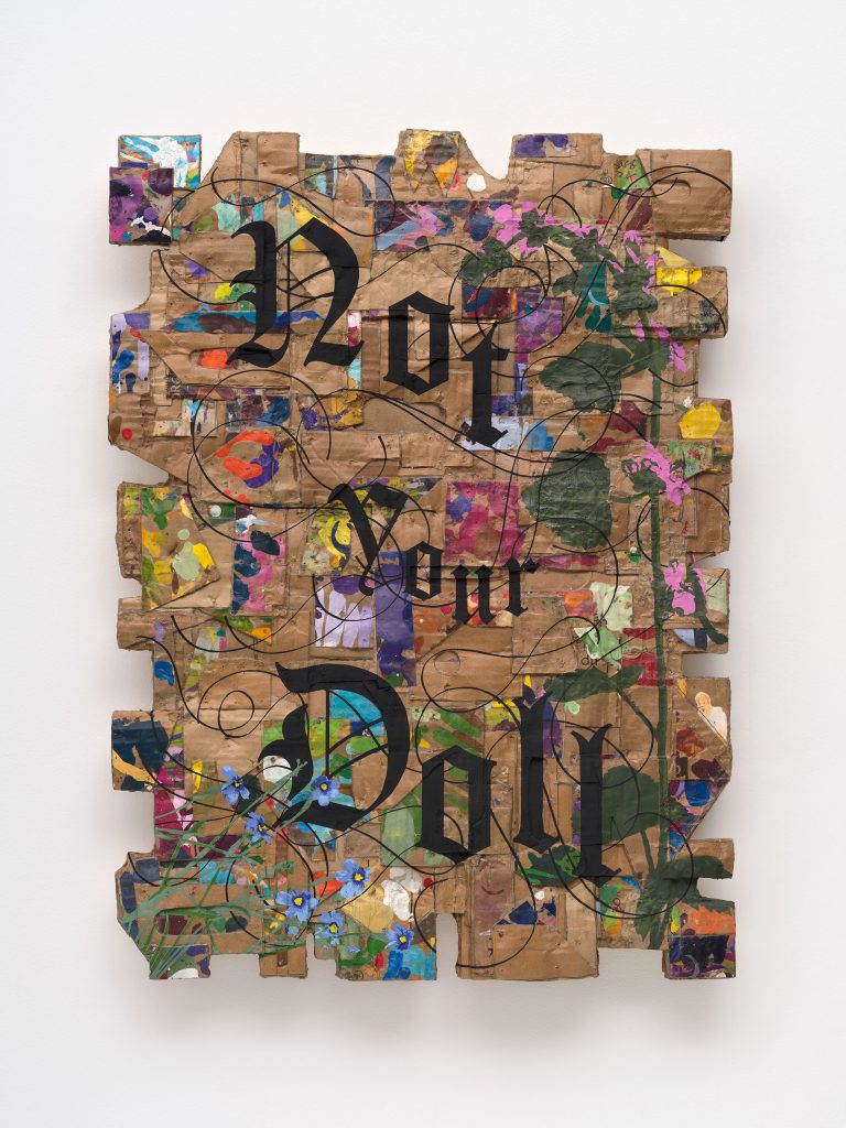 <i>Not Your Doll </br></i>, 2025 </br>
acrylic on cardboard</br>
77,5 x 57 x 7,5 cm / 30.5 x 22.5 x 3 in>