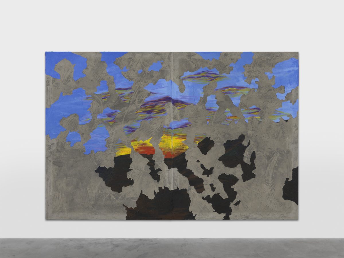 <i>sun set down</I>, 2020
</br>
acrylic paint and concrete, vinyl and fiber on canvas mounted on aluminium, two paintings
</br>
200 x 300 x 2,5 cm / 78.7 x 118.1 x 1 in>