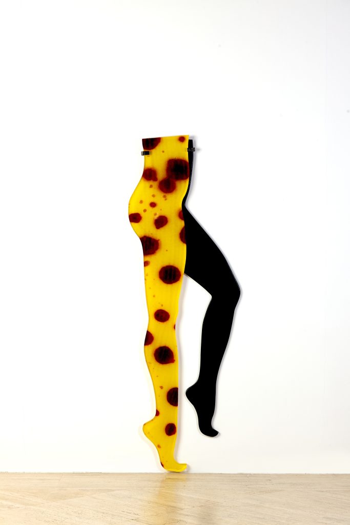 <i>Anthea Hamilton, Hot Legs: Ripe Bananas</i>, 2025
</br> paint, MDF, perspex, digital print and metal fixings</br>130 x 44 cm / 51 x 17.5 in>