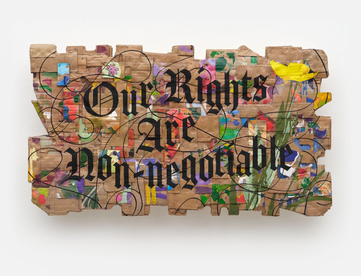<i>Recycled Paint Palette Series (Our Rights Are Non-negotiable), </i>, 2025</br>
acrylic on cardboard</br>
45,5 x 81,5 x 7,5 cm / 18 x 32 x 3 in>