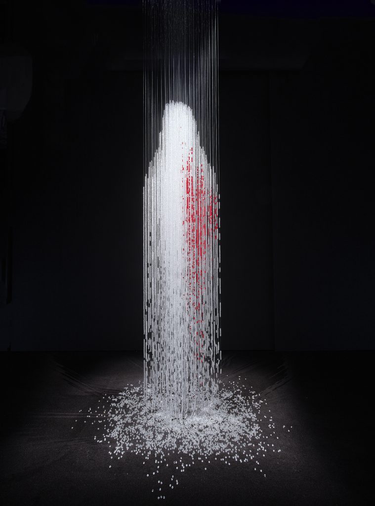 Latifa Echakhch, <i> UNTITLED (TEARS)  </i>, 2023 </br> glass, nylon thread </br> 270 x 90 x 90cm / 106.2 x 35.4 x 35.4 in>