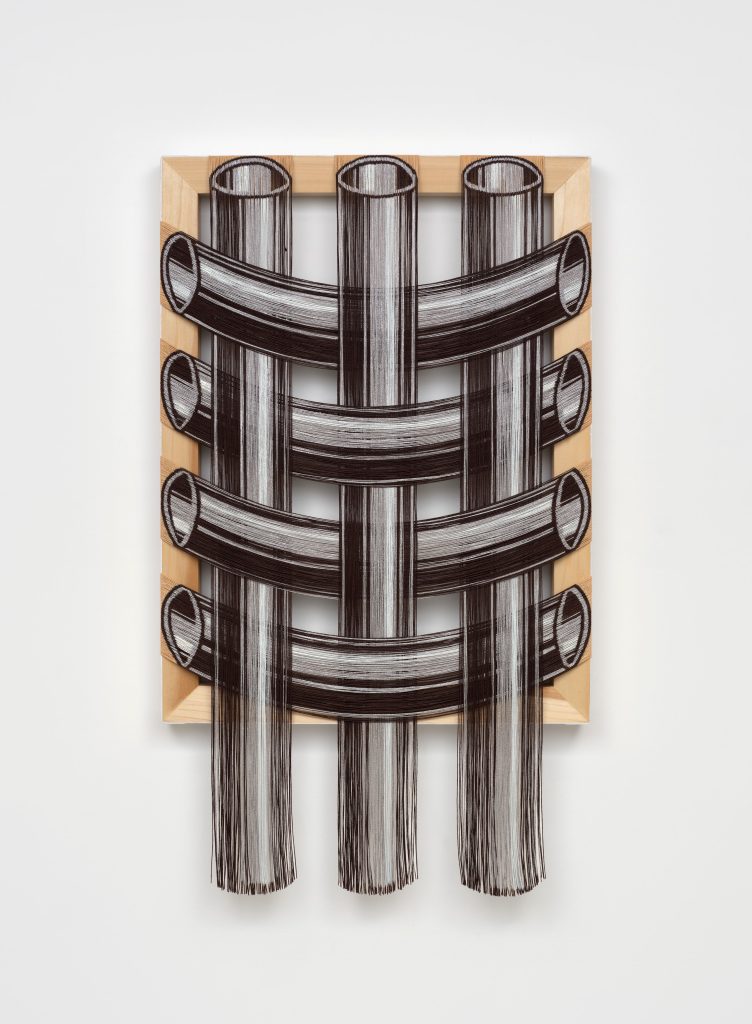 <i> Silver Pipes </i>, 2024 </br> oil on canvas on poplar </br> 45.7 x 81.2 x 3,8 cm / 18 x 32 x 1.5 in>