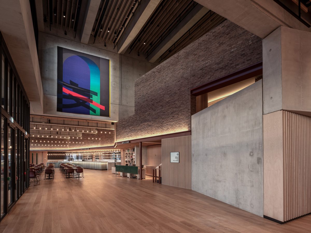 <I>The In Breath</i>, 2024
</br>
dyed wool
</br>
490 x 390 cm / 192.9 x 153.5 in</br> installation view, Sadler's Wells, East London>