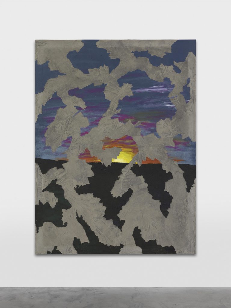 <I>sun set down</I>, 2021
</br>
acrylic paint and concrete, vynil and fiber on canvas mounted on aluminum
</br>
200 x 150 x 2,50 cm
78.7 x 59 x 0.9 in>