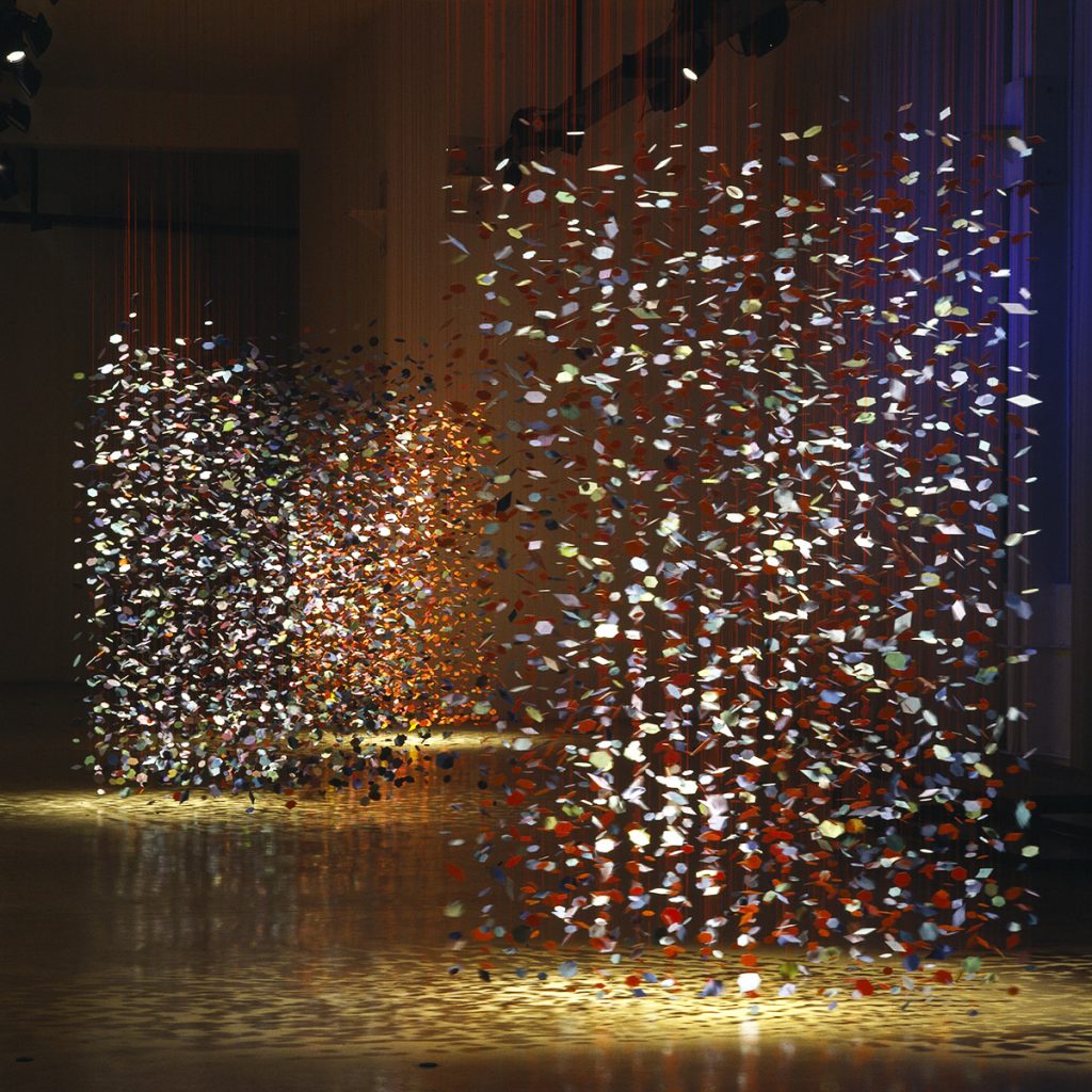 <i>chiacchiere</i>, 2004 
</br>
3 mobiles, paper, thread, variable dimensions>