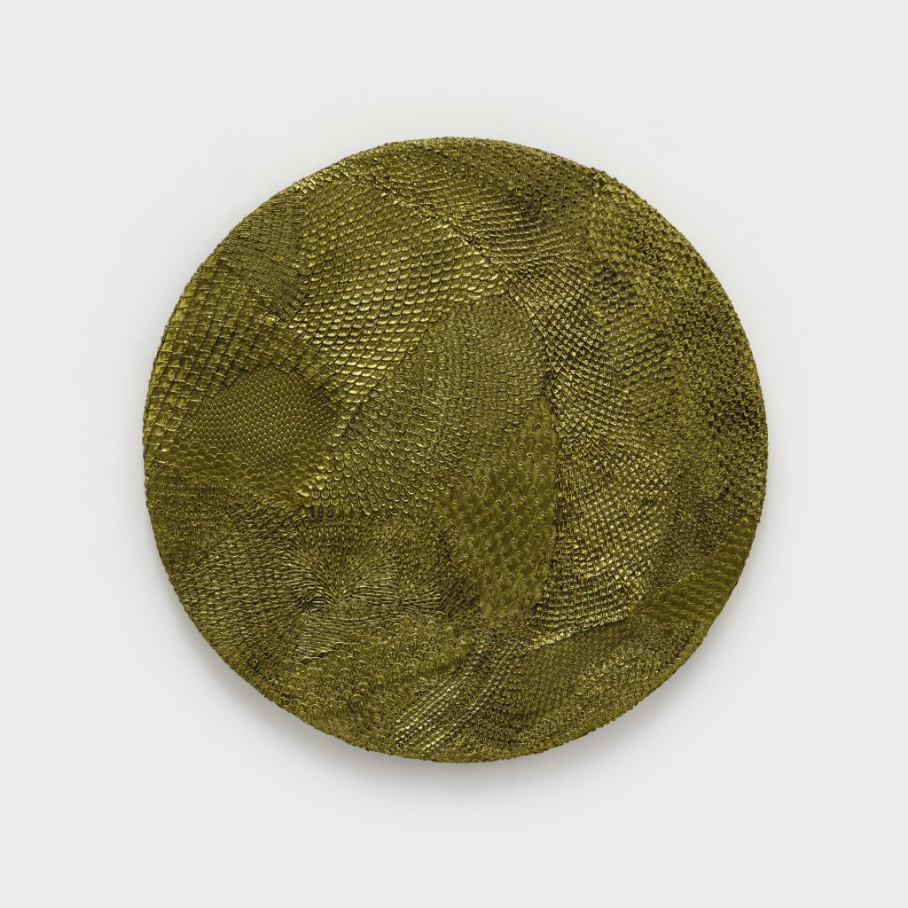 <i>thing</i>, 2024 </br>
automotive paint and paper clay on wood panel</br>
⌀ 113 x 3,8 cm / ⌀ 44.5 x 1.5 in>