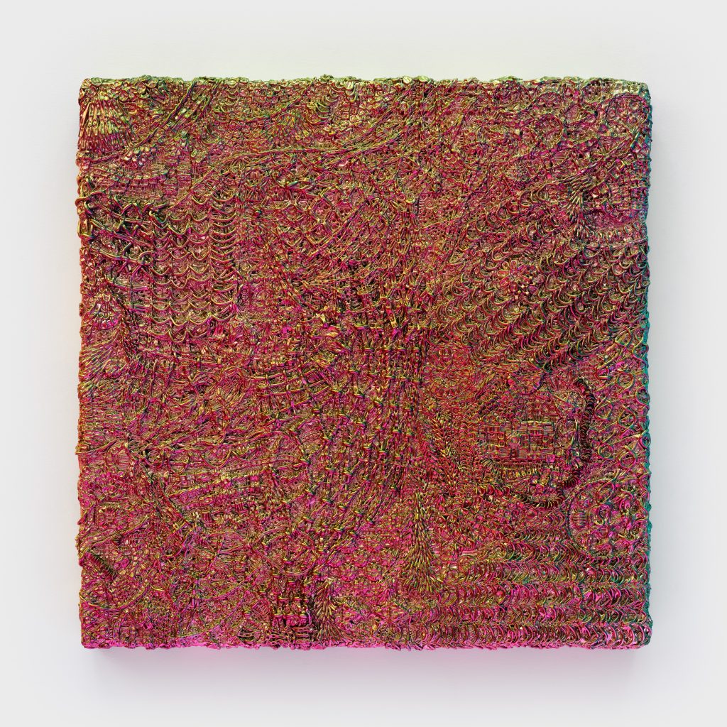 <i> SOLARFLARE </i>, 2025 </br>
automotive paint and paperclay on wood panel </br> 110 x 110 x 10 cm / 43 x 43 x 4 in>