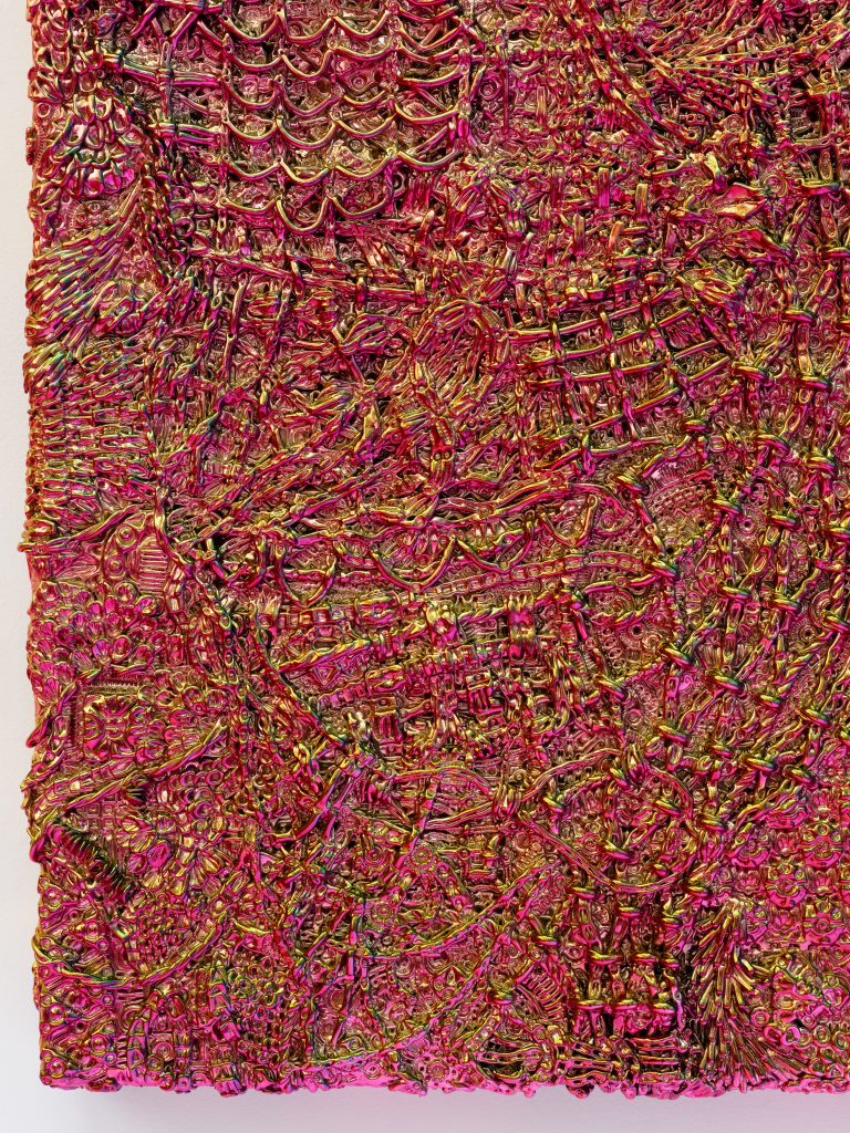 <i> SOLARFLARE </i>, 2025 </br>
automotive paint and paperclay on wood panel </br> (detail)>