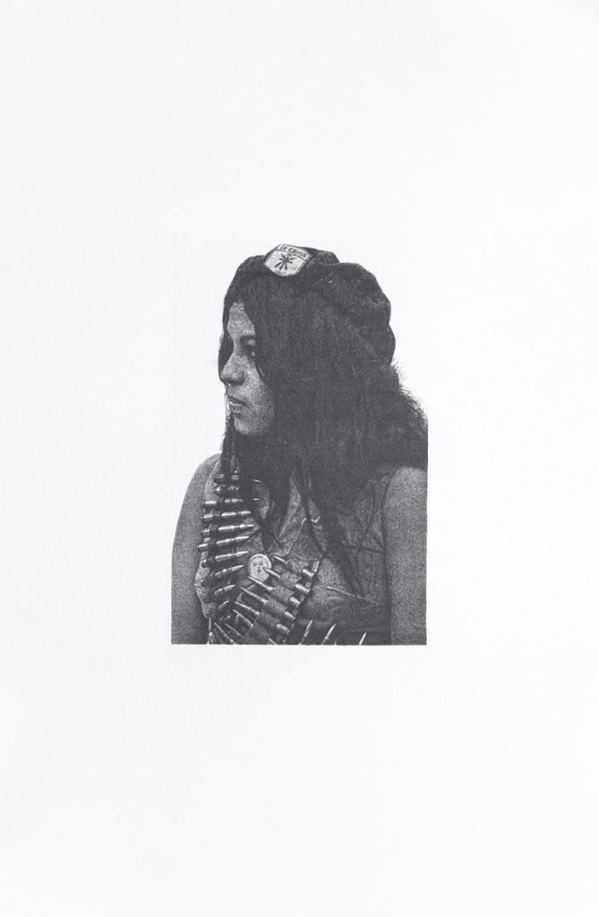 <i>brown beret young woman with bullets (la raza, vol. iii,</br>no. 9, november 1969, l.a. pg. 4)</i>, 2015</br>(detail)