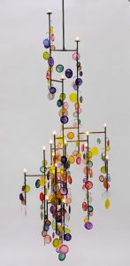 <i>lollipop chandelier (a wizard, a true star)</i>, 2016
</br>
steel pipe with clear powder coating, glass, halogen 
</br>
illuminant, blown glass cover, stainless steel wire, cable
</br>
271,8 x 43,2 x 96,5 cm / 107 x 17 x 38 in