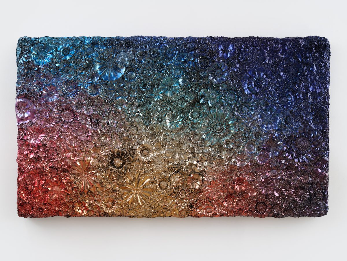 <i>Celebutante</i>, 2026</br>
automotive paint and paperclay on wood panel</br>
150 x 150 x 23 cm / 59 x 59 x 9 in>