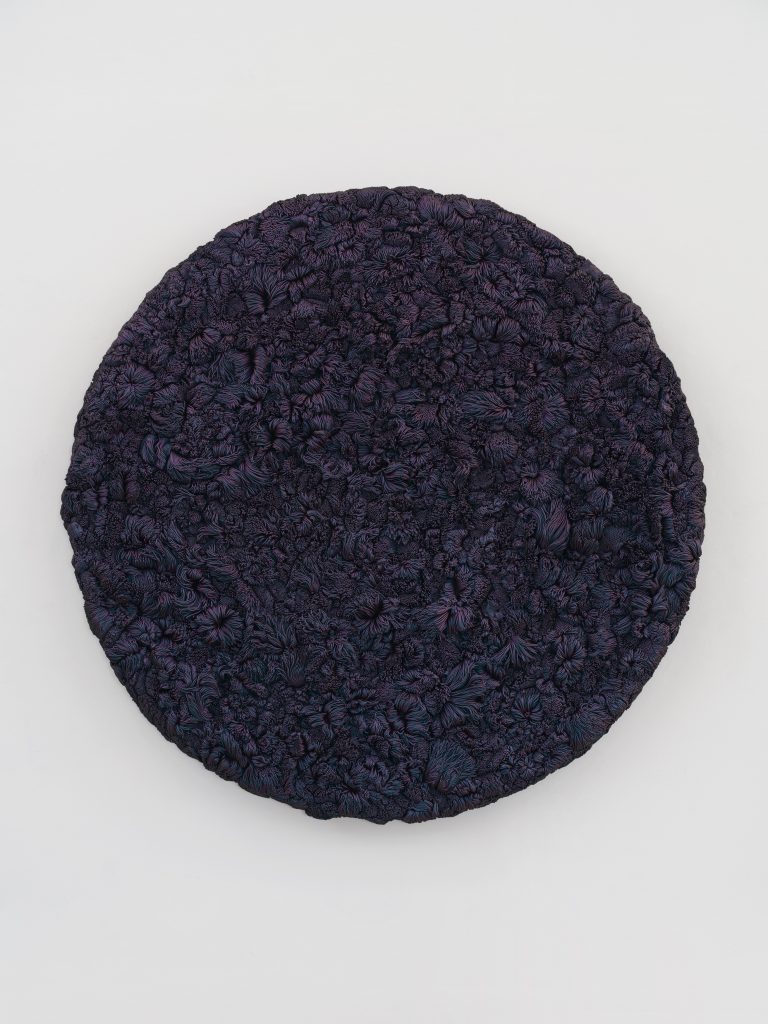 <i>Transit</i>, 2026</br>
automotive paint and paperclay on wood panel</br>
152,5 x 152,5 cm / 60 x 60 in>
