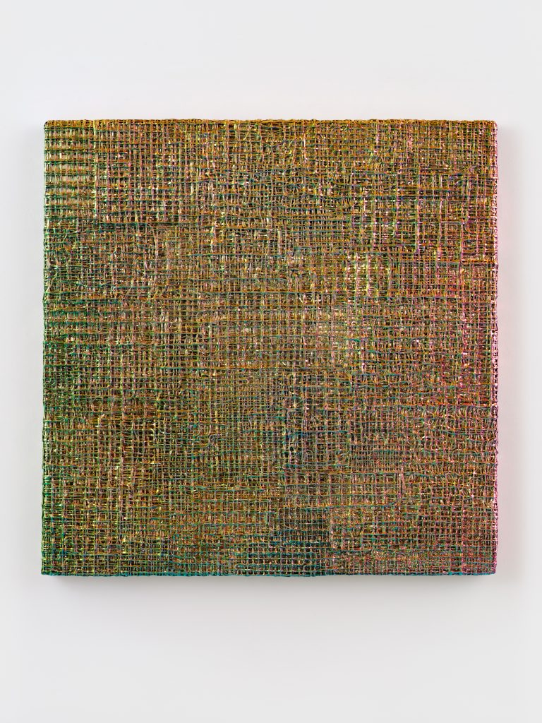 <i>Louped</i>, 2026</br>
automotive paint and paperclay on wood panel</br>
150 x 150 x 23 cm / 59 x 59 x 9 in>