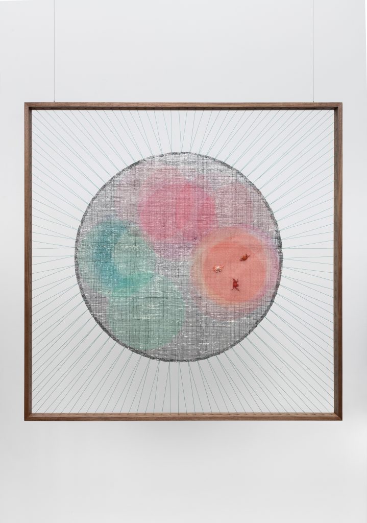 <i>Blushes with Sea Trash</i>, 2022</br> fabric, acrylic, string, wood
</br> 93,9 x 93,9 x 3,8 cm / 37 x 37 x 1.5 in>