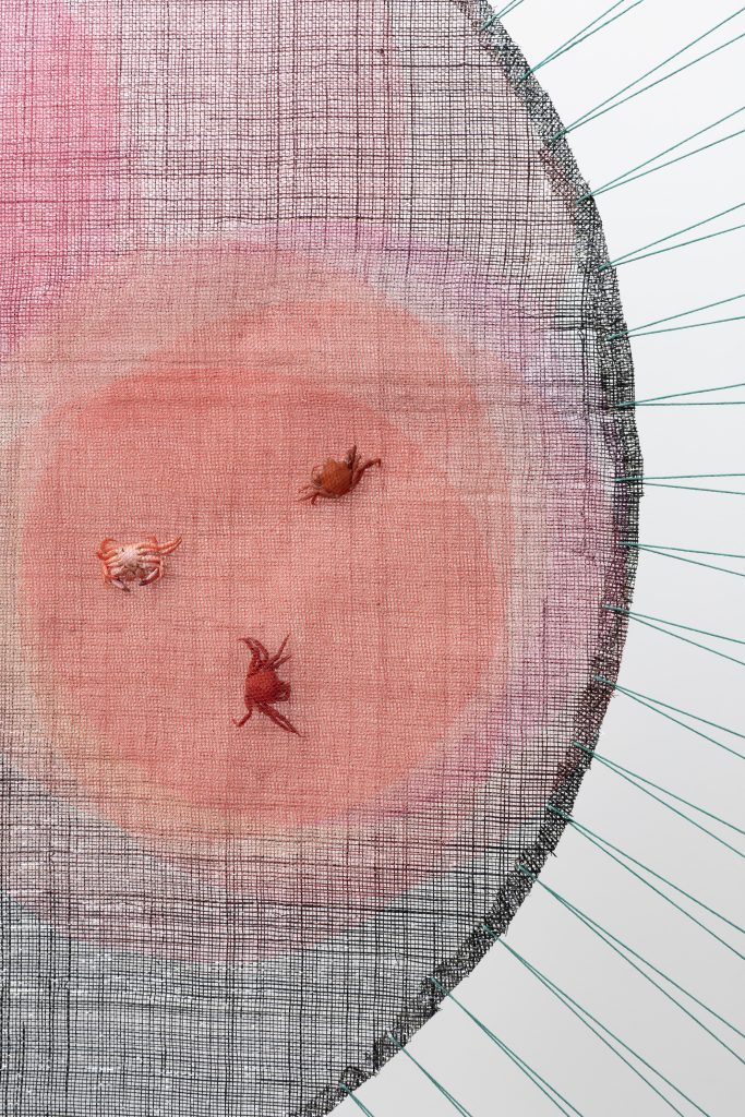 <i>Blushes with Sea Trash</i>, 2022</br> fabric, acrylic, string, wood
</br> 93,9 x 93,9 x 3,8 cm / 37 x 37 x 1.5 in>