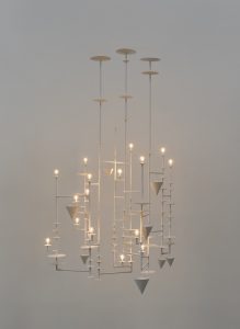 <i>Sense of Order</i>, 2020</br>
copper, epoxy filler, halogen illuminant, glass cover, stainless steel wire, cable, paint, cup contents and pittosporum blossoms</br>
200 x 75 x 125 cm / 78.5 x 29.5 x 49.20 in