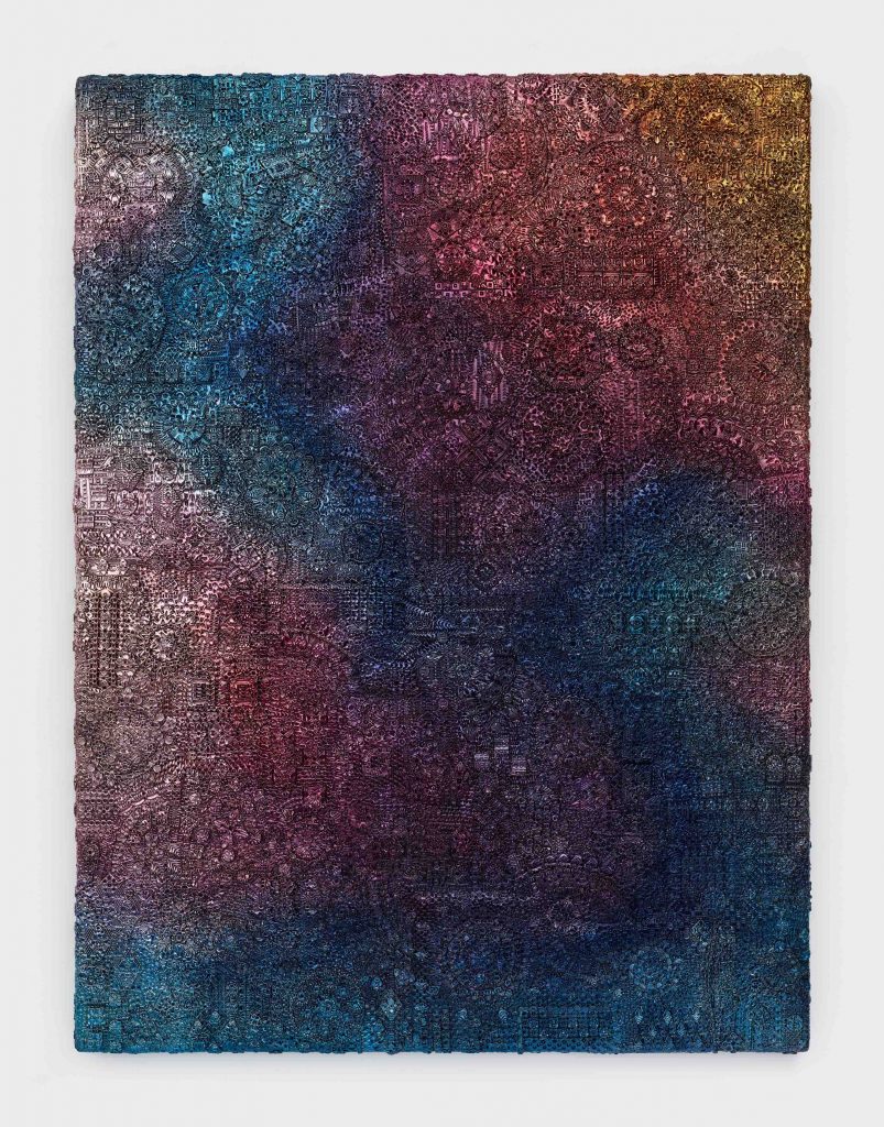 <I>Incantation, Evening Chatter</I>, 2021
</br>
Car enamel and paper clay on wood panel
</br>
182,8  x 243,8  x 10,1 cm /
72 x 96 x 4 in>