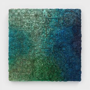 <I>Tarnished Drawl</I>, 2020
</br>
car enamel and paper clay on wood panel
</br>
106,6 x 106,6 cm / 42 x 42 in