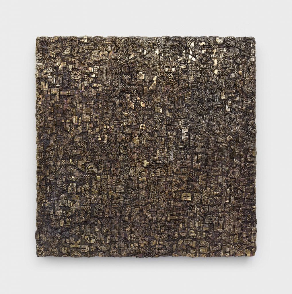 <i>Tarnished Drawl</I>, 2021
</br>
paper clay and ink on wood panel
</br>
124,4 x 124,4 x 12,7 cm / 48.9 x 48.9 x 5 in>