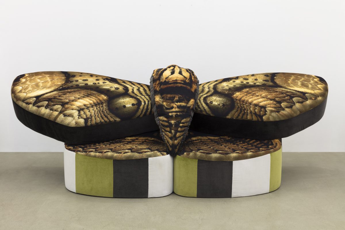 Anthea Hamilton, <i>Mama Moth Sofa</i>, 2019
</br>
fabric, polyurethane foam, wood, 110 x 360 x 134 cm / 43.3 x 141.7 x 52.7 in