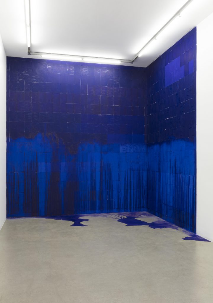 Latifa Echakhch, <i>A chaque stencil une revolution 
</br>
(For each stencil a revolution)</i>, 2007
</br>
carbon paper A4, glue, methylated alcohol, site specific