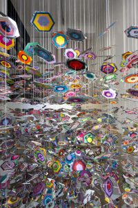 pae white, better places, 2011
mirror, aluminium thread, painted paper and vinyl, diam.123 cm, height variable, 145 pieces (detail)