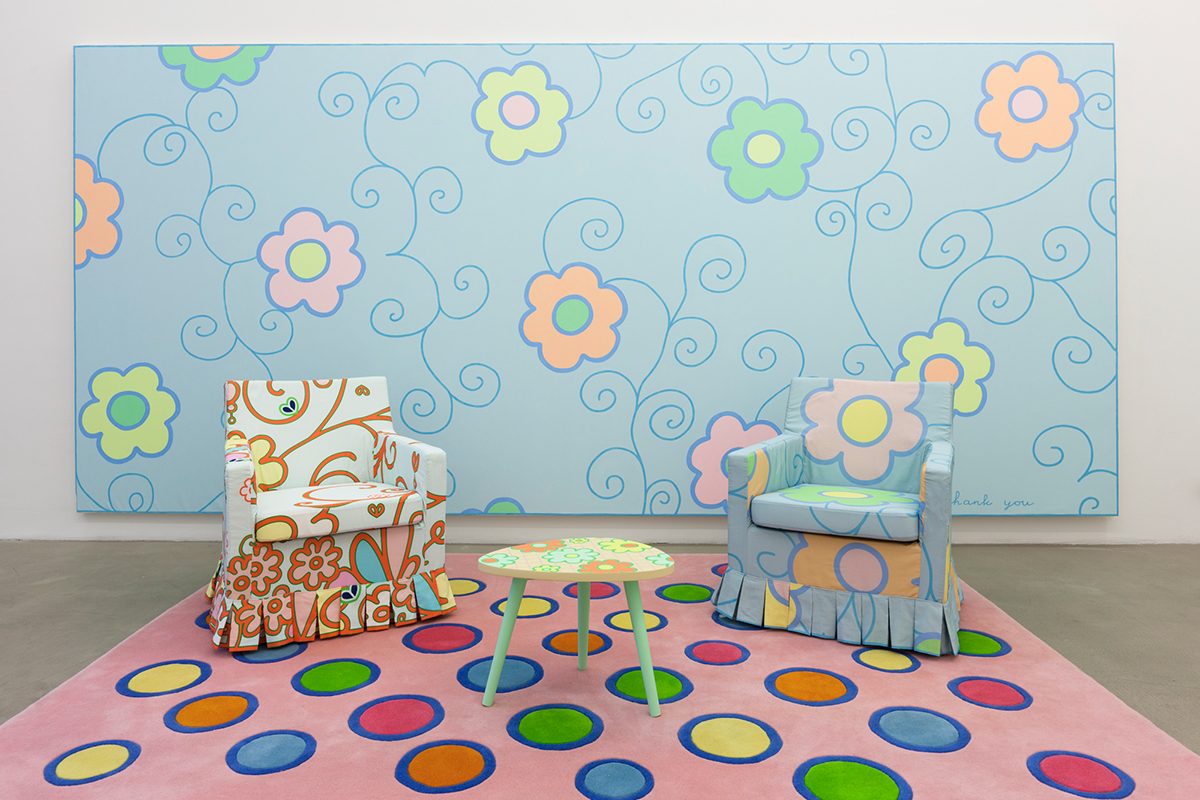 lily van der stokker, installation with gobelin painting, 2012
mixed media, installation size: 438 x 235 x 223 cm
