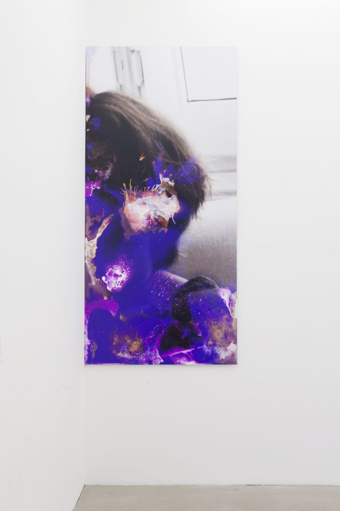<i>maggie here (maggie there)</i>, 2012</br>
digital photo print, bleach, muriatic acid, alcohol, hydrogen peroxide, mouthwash, silver cleaner</br> 270 x 127 cm