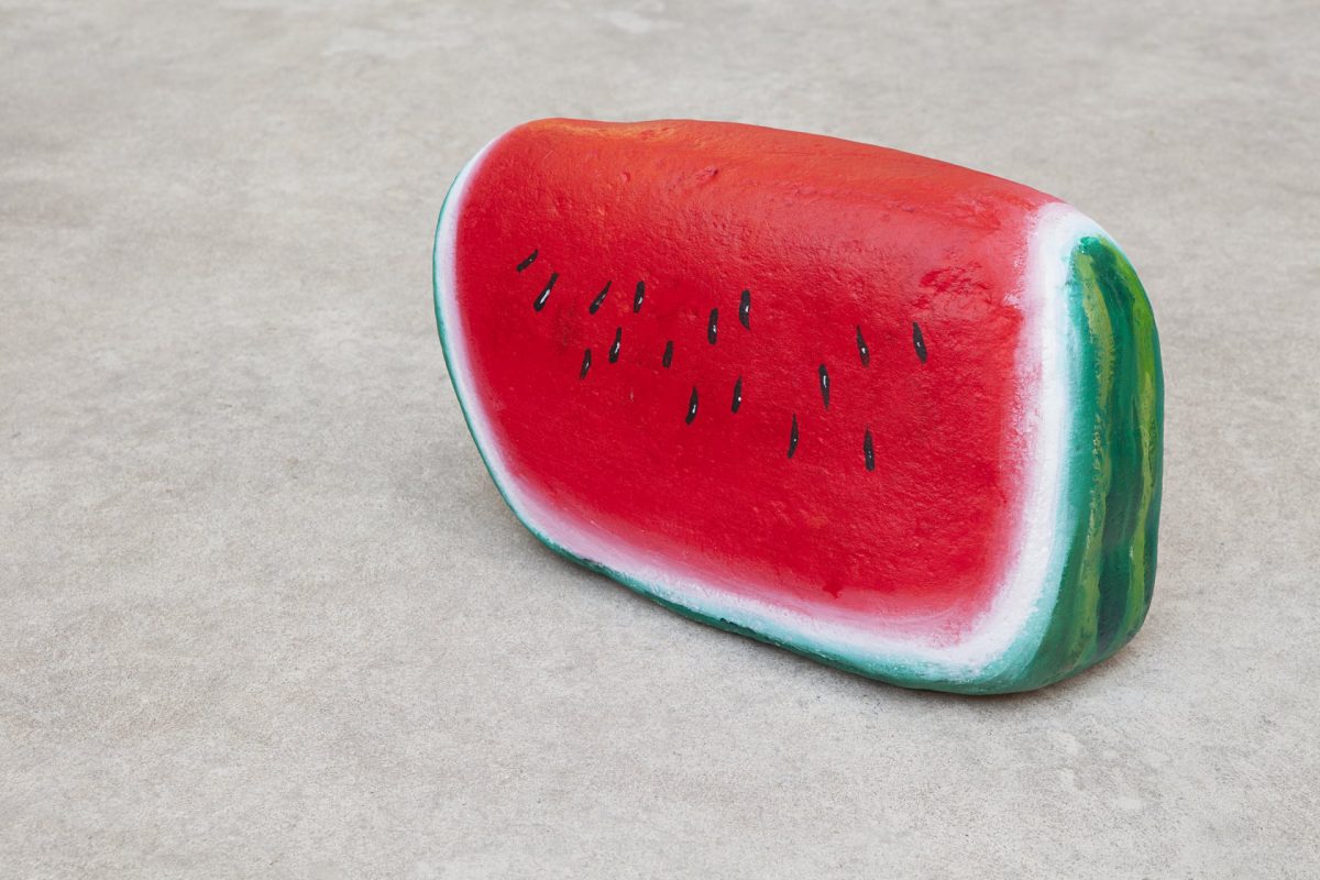 nicolas party, blakam’s stone (watermelon), 2015
acrylic on stone, 23 x 36 x 13 cm