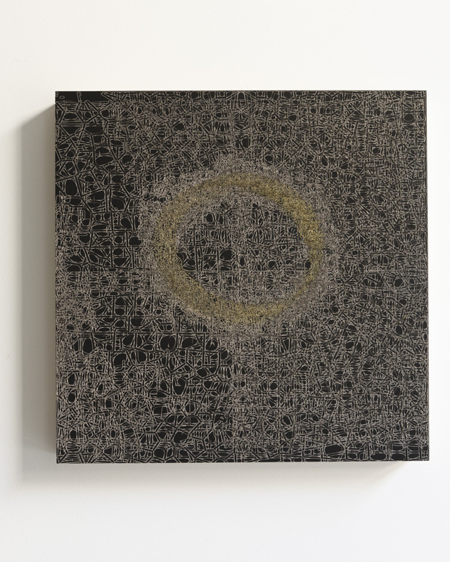 pae white, messy halo, 2011
clay and ink on wood, 45 x 45 cm
