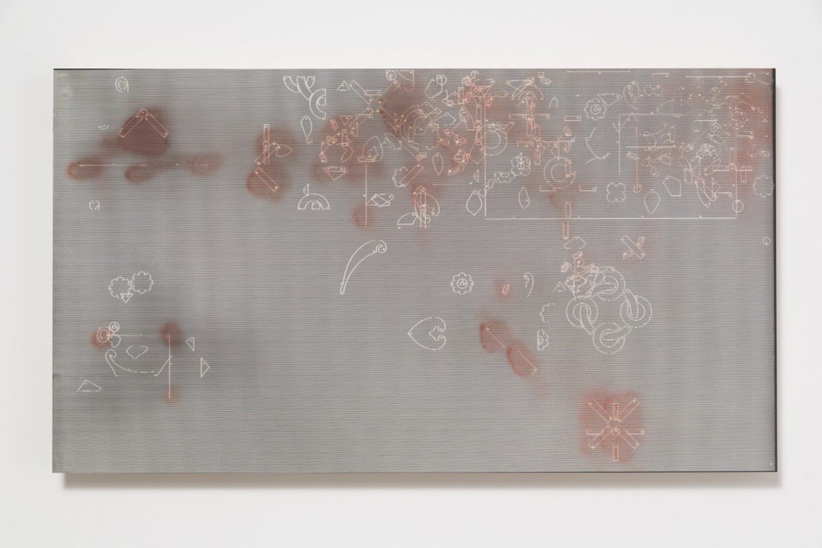 pae white, distribution study iv (interfered with), 2014
carving: clay and ink on wood, 81 x 45 cm