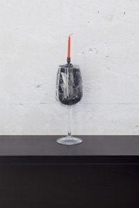 <i>happy birthday to me</i>, 2012</br>
wine glass filled with x-acto blades, brass candle holder, birthday candle</br>30 x 8 cm each