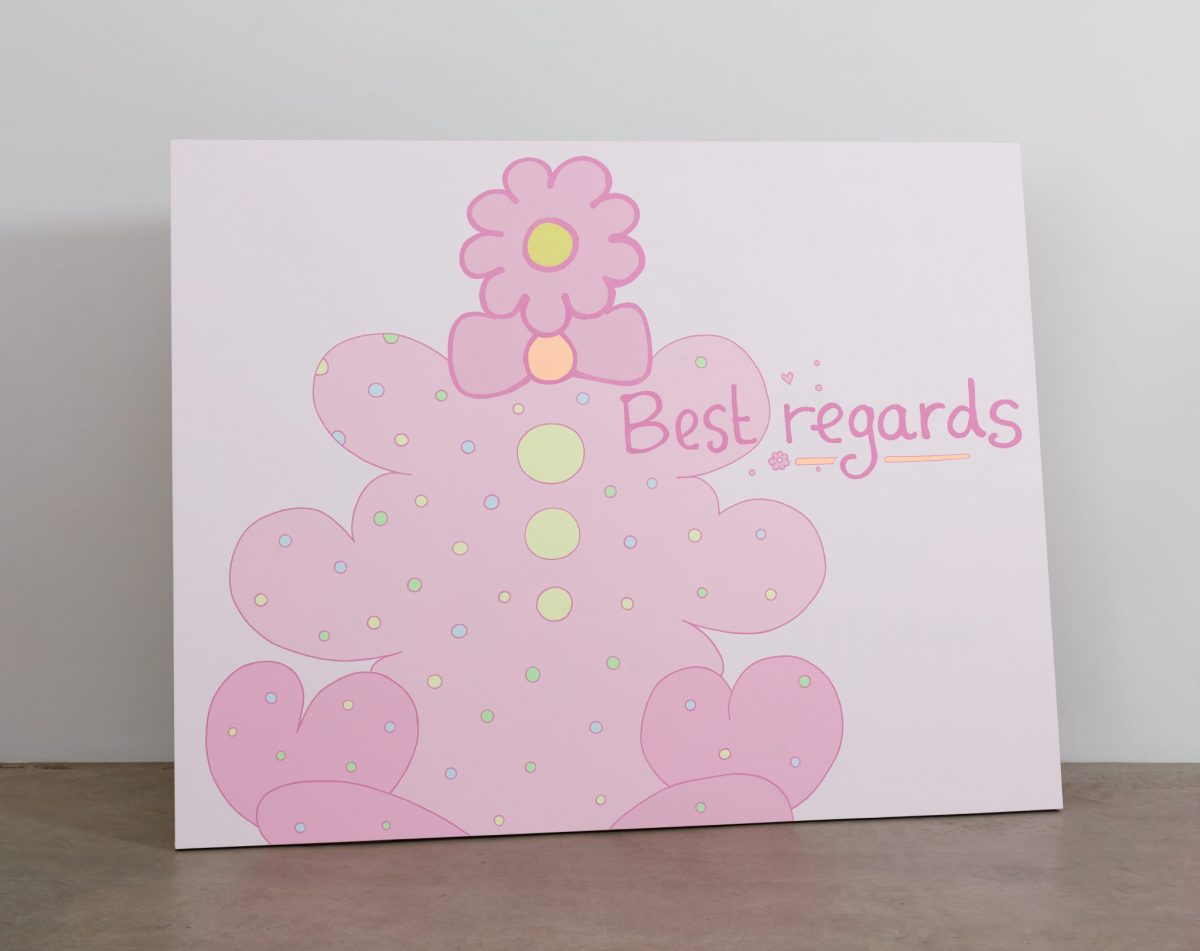 <i>best regards</i>, 2014
</br>
acrylic paint on linen, over wood panel
</br>
213,5 x 259,1 x 48,9 cm / 84 x 102 x 19.3 in >