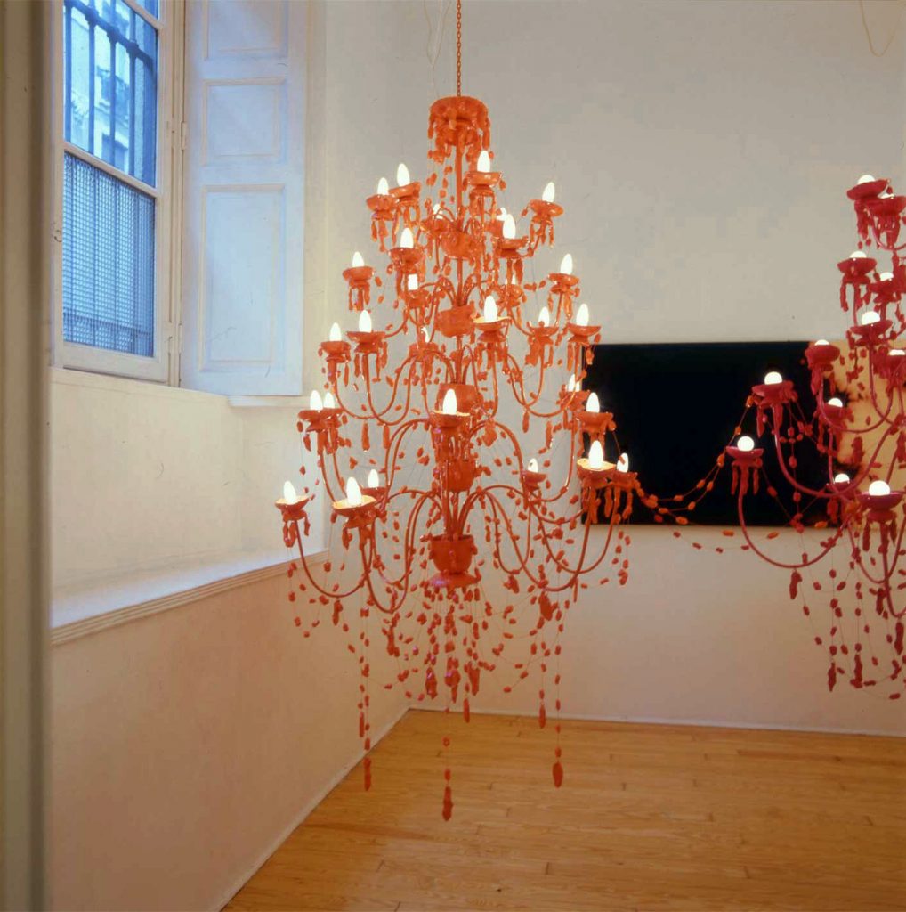 pae white, chamois, foggy and sespe, 2003
five tier chandelier in dark red, pink and orange, painted ceramics, mixed hardware, 170 x 110 cm / 67 x 43,3 in each